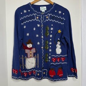 Vintage The Quacker Factory Winter Snowman Button Front Sweater Blue Sz Medium